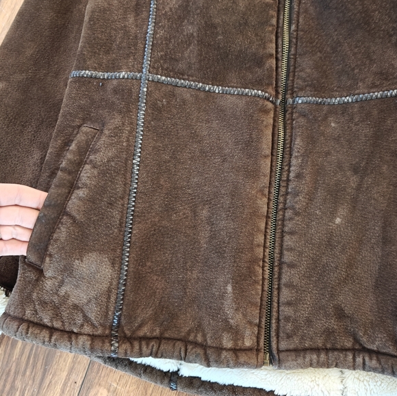 Y2k‎ Brown Suede Full Zip Hooded Jacket Women's Large Faux Fur Lined VTG Leather - Picture 7 of 8